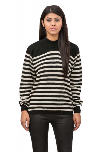  Black Contrast with White Striped, Long Sleeves, Crew Neckline Cashmere Pullover Sweater