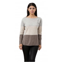 Three Tone Long Sleeve Wide Neck Cashmere Pullover Sweater