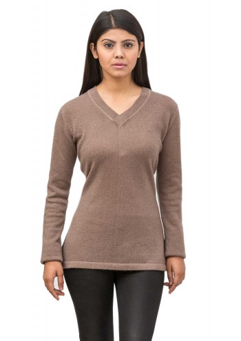Beige Brown Long Sleeves V-Neck Cashmere Slip on Sweater