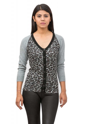 Grey Snow Leopard Print Long Sleeve V-Neck Cashmere Cardigan 