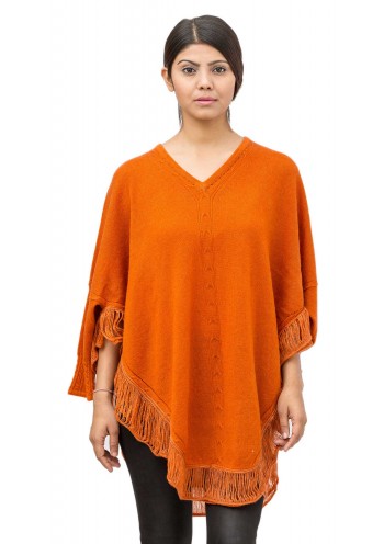 Orange V-Neckline with Cable Knit, Cashmere Cape Poncho with  Fringing along the Dipped Hem