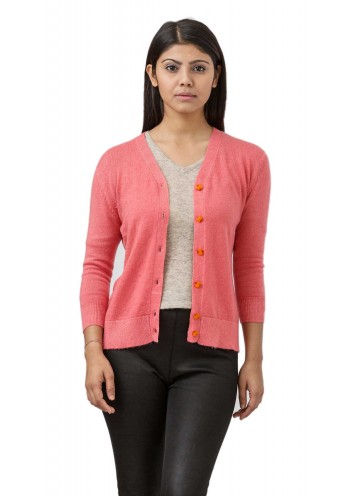 Coral Pink Long Sleeves V-Neck Cashmere Cardigan