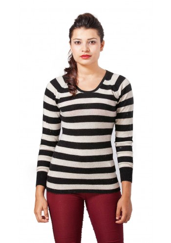 Black and White Striped Long Sleeves Crew Neck Cashmere  Slip-on Sweater 