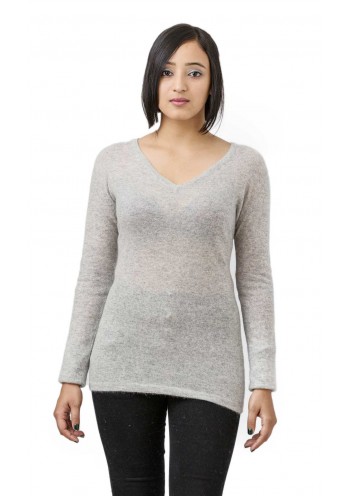 Gray, Long Sleeves, V-Neck line, Lightweight Cashmere Pullover Sweater