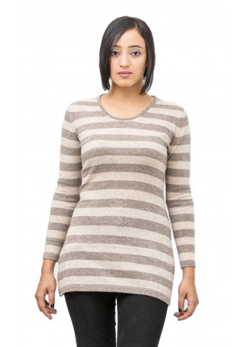 Brown and Beige Striped Long Sleeves Crew Neck Cashmere Pullover Sweater