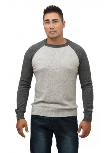 Men's Gray Cashmere Baseball Crew Neck  Slip on Sweater with Classic Touch