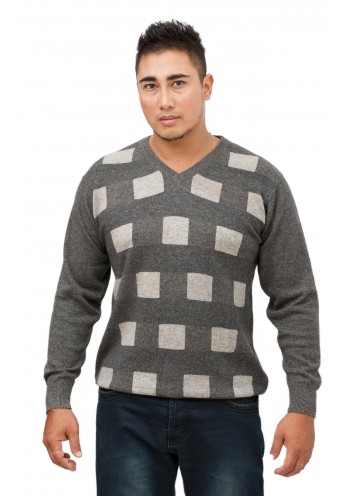 Gray Square Pattern  V- Neck Cashmere Pullover Sweater